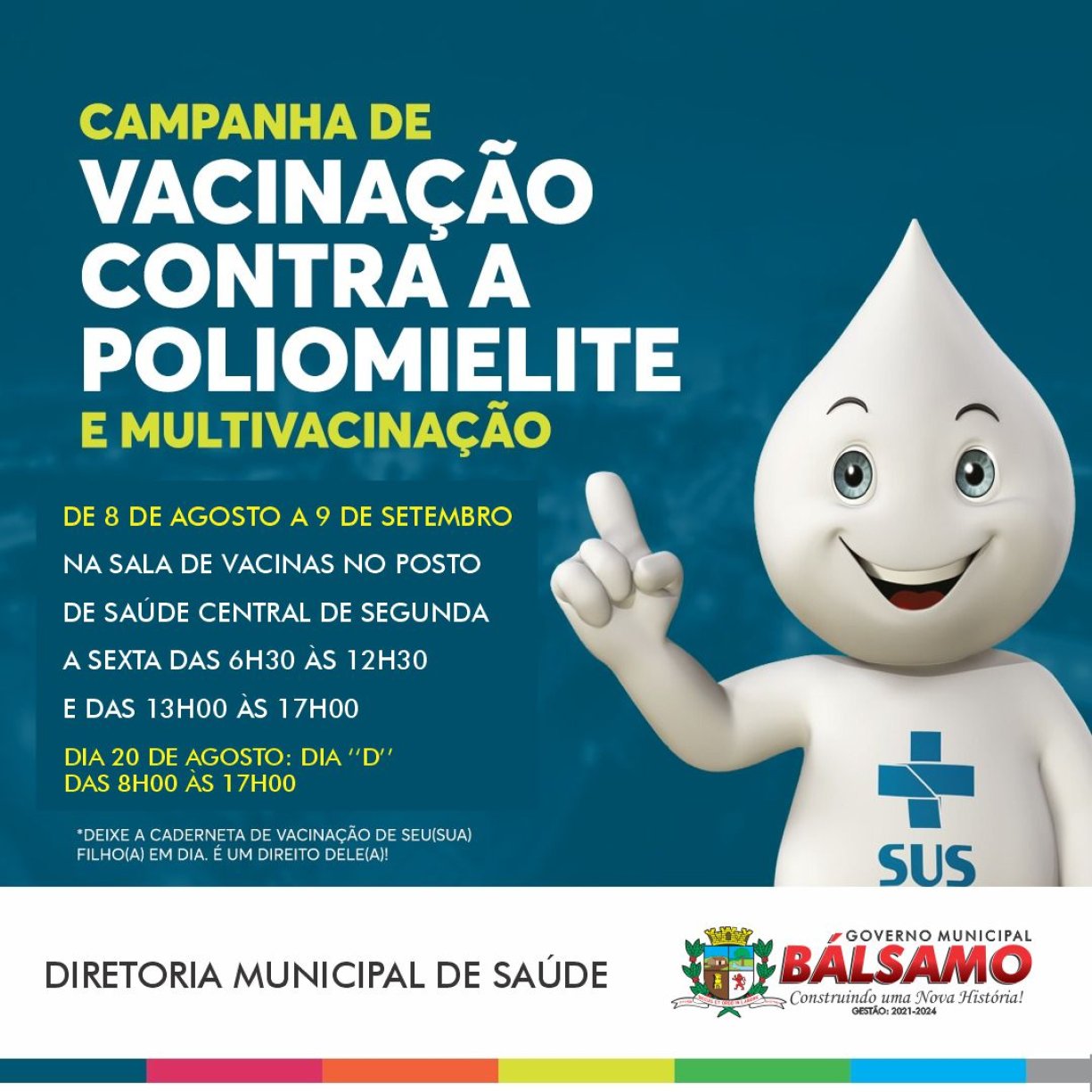Campanha da Poliomielite e atualização da caderneta de vacinação vai até 9 de setembro